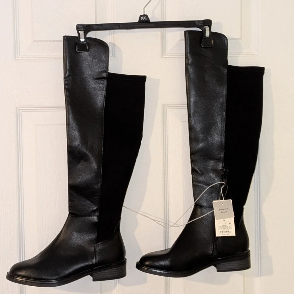 A New Day‎ Black Faux Leather Knee High Boots Memory Foam Side Zip Women 6.5 NEW